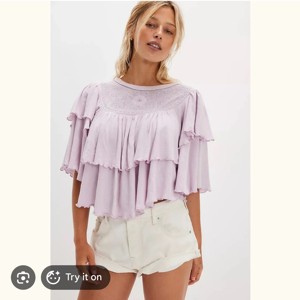 Free People Rose Party Tee Tiered Ruffles Jersey Knit Lettuce Trims Top XS - Picture 2 of 6